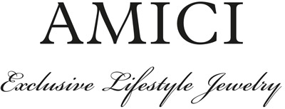 Schwarzer Text "AMICI" oben, "Exclusive Lifestyle Jewelry" kursiv unten, auf weißem Hintergrund.