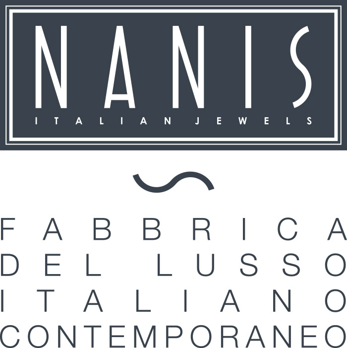 Logo von Nanis Italian Jewels in dunkelgrau und weiß mit italienischem Text darunter.