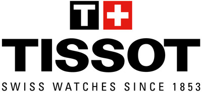 TISSOT-Logo mit schwarzem Text, rotem Quadrat mit weißem Kreuz und Slogan: "Swiss Watches Since 1853".